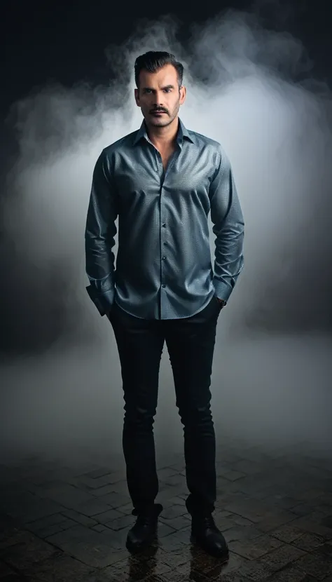 A man wearing looking very rich shirt, in a dark gloomy thick fog area, mist, full body portrait 