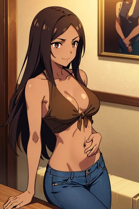 (detailed), perfect face, brown skin anime woman in a deep V-neck tied top, (bare shoulders), (jeans), (long hair), starving, (resting hands on the stomach), (hands on the stomach), (slim woman), (smooth and shiny skin), smirk, ((best quality)), ((masterpi...