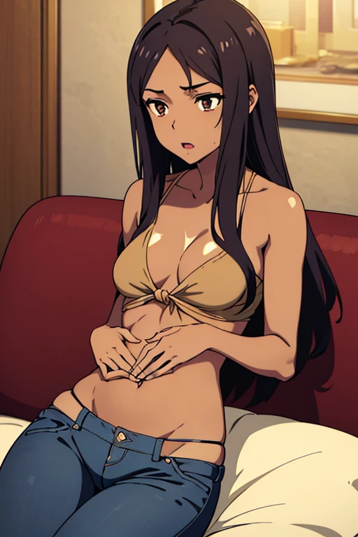 (detailed), perfect face, brown skin anime woman in a deep V-neck tied top, (bare shoulders), (jeans), (long hair), starving, (resting hands on the stomach), (hands on the stomach), (slim woman), (smooth and shiny skin), (resting on the couch), unconscious...