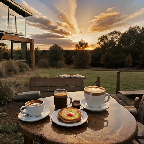 Excellent breakfast，Coffee is piping hot，Outdoor Background，No characters