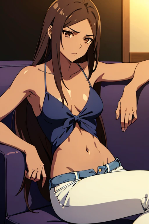 (detailed), perfect face, brown skin anime woman in a deep V-neck tied top, (bare shoulders), (jeans), (long hair), starving, (resting hands on the stomach), (hands on the stomach), (slim woman), (smooth and shiny skin), (resting on the couch), unconscious...