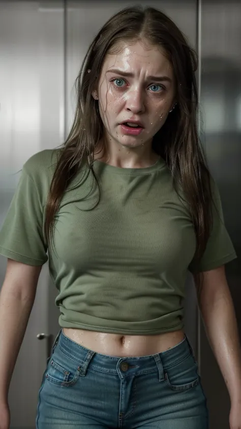 (best quality,4k,highres,ultra-detailed,realistic),(scared girl:1.1,detailed eyes:1.1,detailed facial expression:1.1,angst look,sweat),portrait,inside an elevator,jeans,green shirt,terrified look