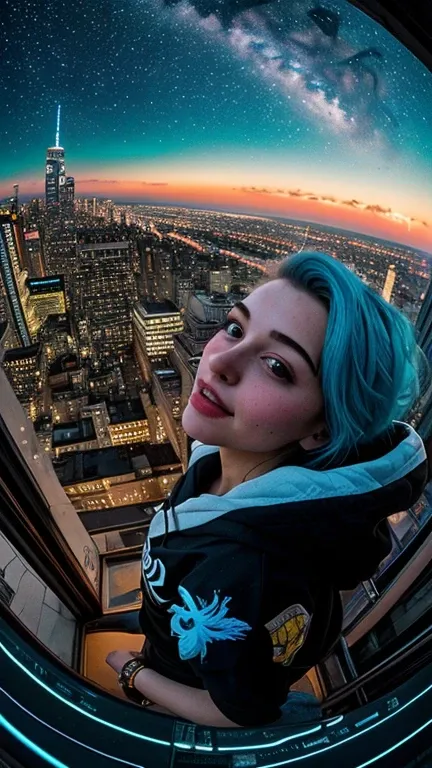 (masterpiece), best quality, ultra high res,, cyberpunk 1girl flying above stunning cityscape ,hoodie,blue hair,  neon color shooting stars, very long hair, off shoulder, feather hair ornament, neon colors, flashes, stunning night sky, cinematic lighting, ...