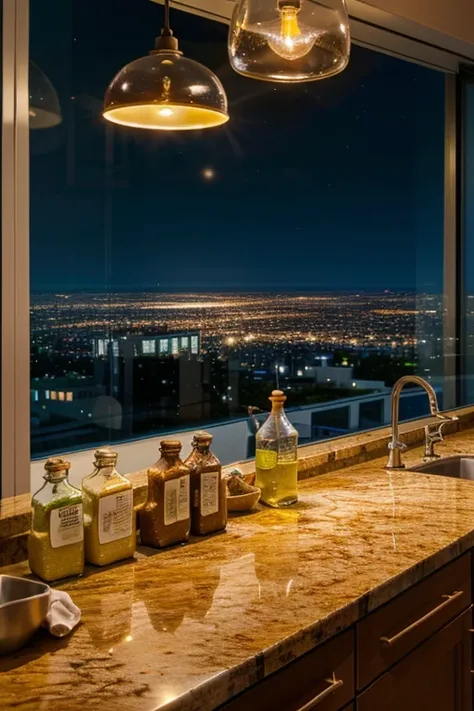 A kitchen table, modern kitchen. Penthouse, nighttime. View of city lights. Ingredients on counter, carton of eggs, glass bottle of oil, bag of sugar, bowl, spoon, bag of flour on table.