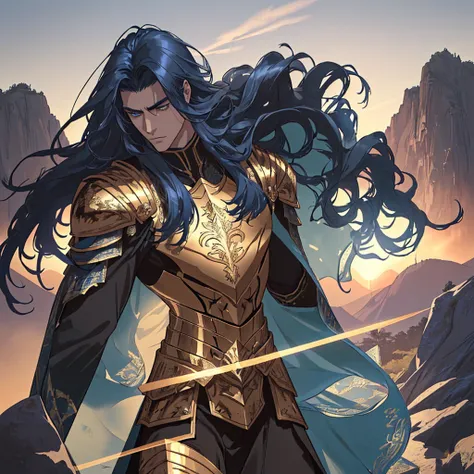 (huge tall man with dark blue hair,long hair,beautiful detailed eyes,detailed face, wearing golden scorpion armor like the knights of the zodiac,well-built body),with (realistic,photorealistic) rendering, in a (dramatic, epic) pose, standing on a (rocky, m...