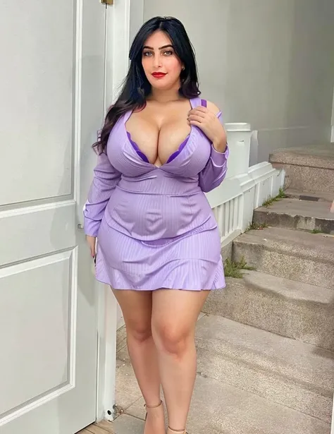 Purple Summer dress, curvy figures, cleavage 