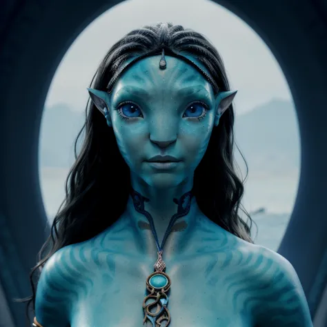 avtr:1.1, avatar style, portrait:1.6, 1girl, female, (avtsireya), (blue skin tone:1.0), (long curly hair:1.0), black hair color,...