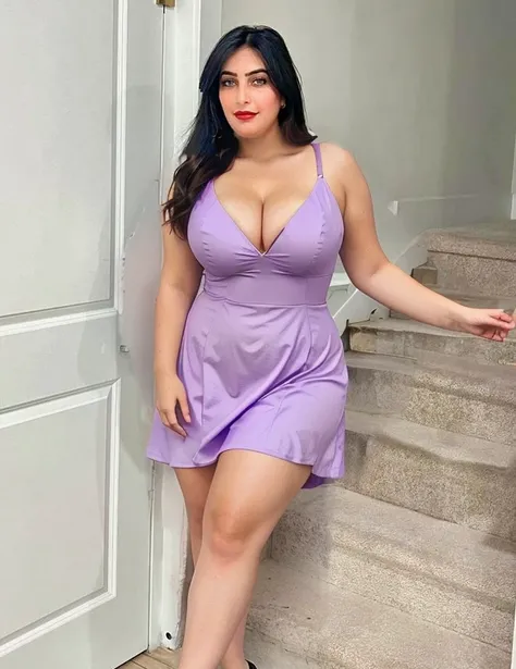 Purple short Summer dress, curvy figures, cleavage 