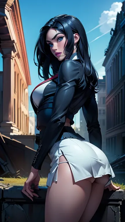 (La mejor calidad,A high resolution,Ultra - detallado,actual),Megan fox con miniskirt white colegiala , mostrando su trasero hermoso, ,(Fondo de ruinas de mazmorra en ruinas:1.4 ), cabello largo white canoso, brazier white, (Detalles de la cara: 1.5, ojos ...