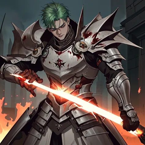 [(best quality,4k,8k,highres,masterpiece:1.2),(realistic,photorealistic,photo-realistic:1.37)] tall man with green hair and grey eyes, well-detailed body, detailed eyes and face, wearing golden armor like the knights of the zodiac, the armor is covered in ...