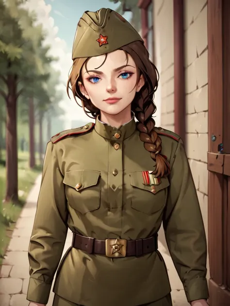 check_9, check_8_up, check_7_up, source_аниме break 1girl, one,soviet military uniform, soviet cap, belt, brown hair, braided ha...