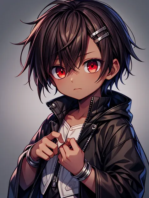 Masterpiece High res, high definition, (((dark skin tone))),dark skin male, dark skin, cute shota,red eyes, black hairpin, brown hair, medium dark brown hair,