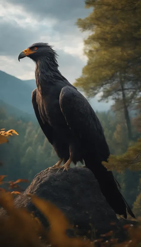 8k, close distance portrait of a grifin giant big massive bird flying in the forest background from the hill and a young male wizard with short straigh grey hair with black cloth try to fight the bird