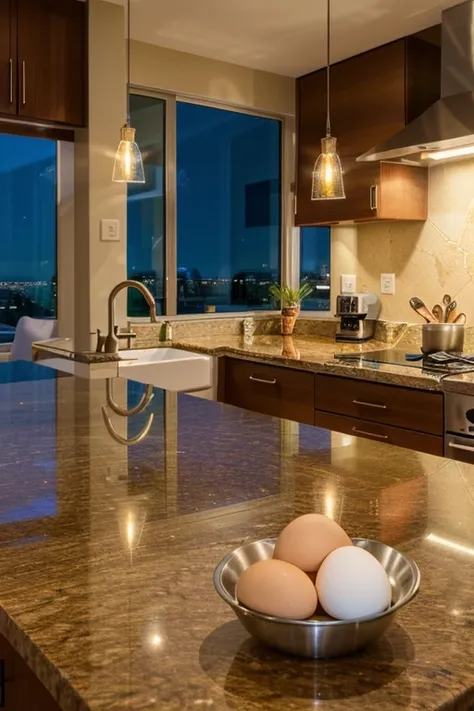 UHD, ultra high resolution, photo realistic 1.4, A kitchen table, modern kitchen. Penthouse, nighttime. View of city lights. Ingredients on counter, two small eggs, glass of oil, sugar, mixing bowl, large spoon on counter.