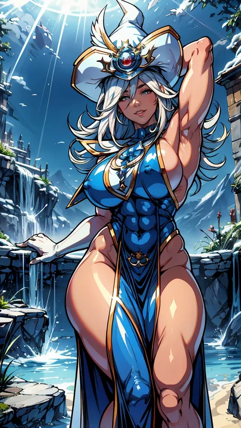 Silent magician, ropa apretada, poca piel visible, ((  ruborizada, sonrisa, oiled skin)),  pelo largo, cabello blanco, (( white hair)), sombrero blanco, skinny body, abs, muscle, muscle girl, big sagging breast , monstruo de duelo, Iparuputsua, de pie en l...