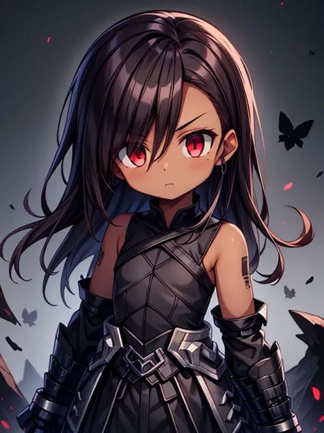 Masterpiece High res, high definition, (((dark skin tone))),dark skin male, dark skin, cute shota,red eyes, black hairpin, brown hair, medium dark brown hair,wearing a black exoskeleton, black detached sleeves, black sleeveless shirt, black armoured Gauntl...