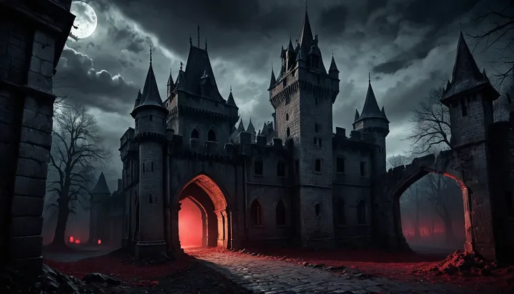 dramatic lighting, nightmare huge castle, dark castle, Vlad the Impaler castle, haunting atmosphere, eerie shadows, disturbing figures, blood-red sky, menacing presence, ancient secrets, chilling silence, macabre details, stone gargoyles, sinister corridor...