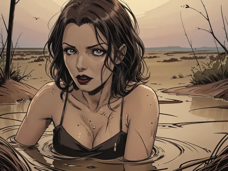 vector image, anime, close-up, mature woman head , gloomy orgasm, gothic look, short dress with narrow straps, stockings, drowning in the middle of quicksand bog, red lips