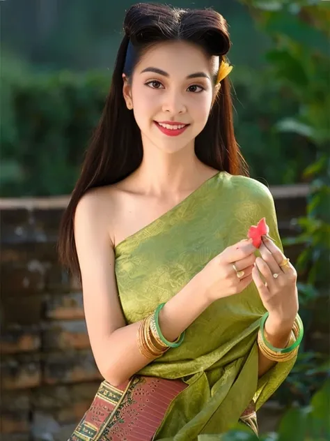 Aarav woman in green sari holding flowers, traditional beauty, a young asian woman, Niwan Chandra, asian woman, an asian woman, Thai anime girl, beautiful asian girl, young asian girl, Vietnamese woman, young asian woman, Sukhothai set, Southeast Asia that...