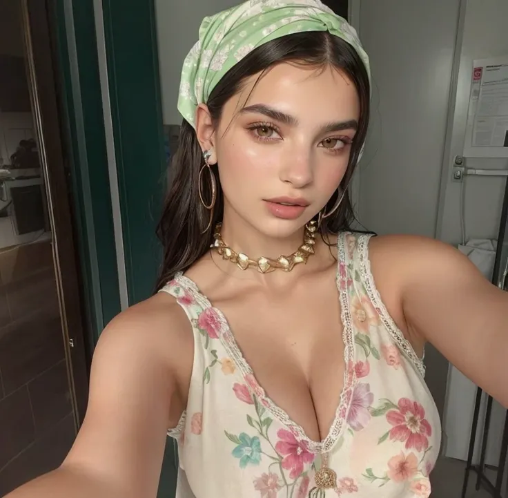 there is a woman taking a selfie with a cell phone, portrait Emily Ratajkowski, Dua Lipa, usando una gargantilla y un lindo sombrero, wearing a scarf and a chain, Emily Ratajkowski, Angelina Stroganova, Wearing a headscarf, selfie de una mujer joven, brale...