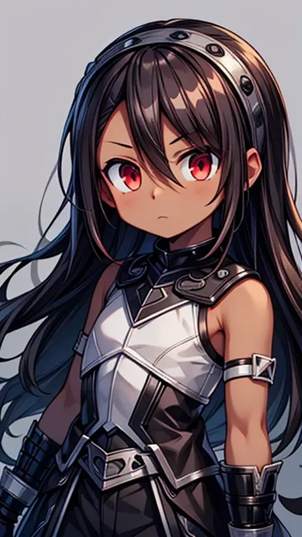 Masterpiece High res, high definition, (((dark skin tone))),dark skin male, dark skin, cute shota,red eyes, black hair Accessory, brown hair, medium dark brown hair,wearing a black exoskeleton, black detached sleeves, black skin tight sleeveless shirt, bla...