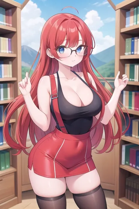 Une femme, 25 ans, cheveux longs, red hairs, rousse, beaucoup de Détails, dans un volcan,  outfit, collant, lunette, queue de cheval, in a library