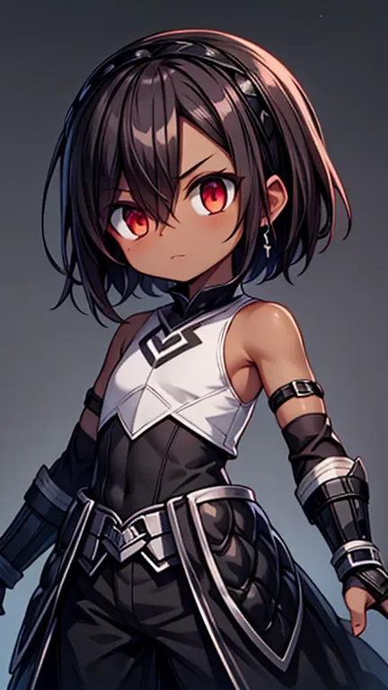 masterpiece high res, high definition, (((dark skin tone))),dark skin male, dark skin, cute shota,red eyes, black hair accessory...