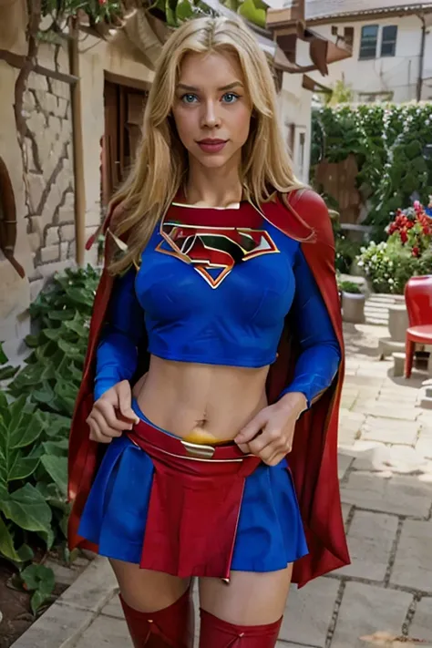 1girl, alone, supergirl, kara zo-rel, beautiful body, red cape, crop top, navel, blue eyes, light-skinned woman, day, medium bre...