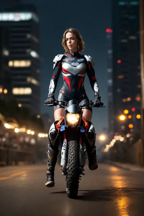 full body shot, wharf scene, a beautiful sexy cyborg woman riding a KTM 450 motocross motorcycle, glamorous shape, shoulder-length, beautiful shiny smooth, light brown hair, (Best quality, 4K, 8k, A high resolution, masterpiece:1.2), absurdity, masterpiece...