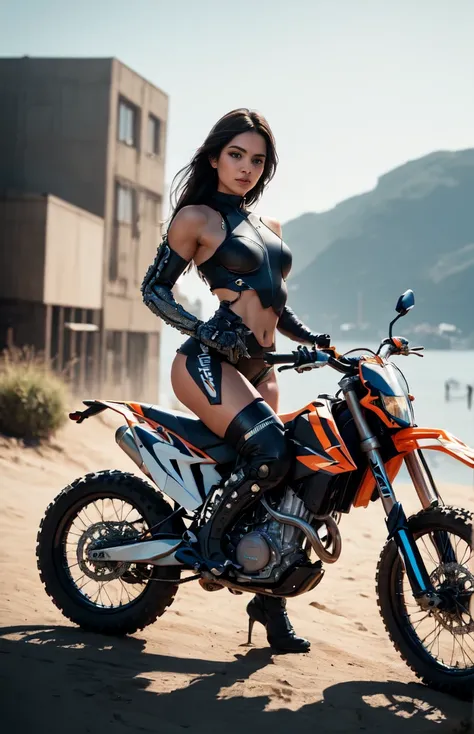 full body shot, wharf scene, beautiful female cyborg woman riding a KTM 450 motocross motorcycle, glamorous shape, shoulder-length, beautiful shiny smooth, high quality, best quality, absurdres, masterpiece, beautiful, intricate details, 1/2 body crop, sli...