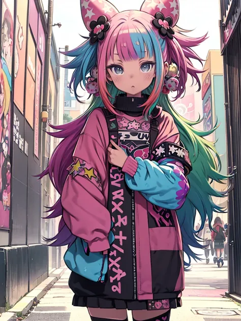 Anime girl in pink clothes standing on a city street、One girl, (Cowboy Shot:1.0), (Random color hair, Multicolored Hair:1.2) (Harajuku decora punk fashion:1.5), (A girl wearing layers of colorful clothes:1.3), (multiple hair clips), Knee-high socks in vari...