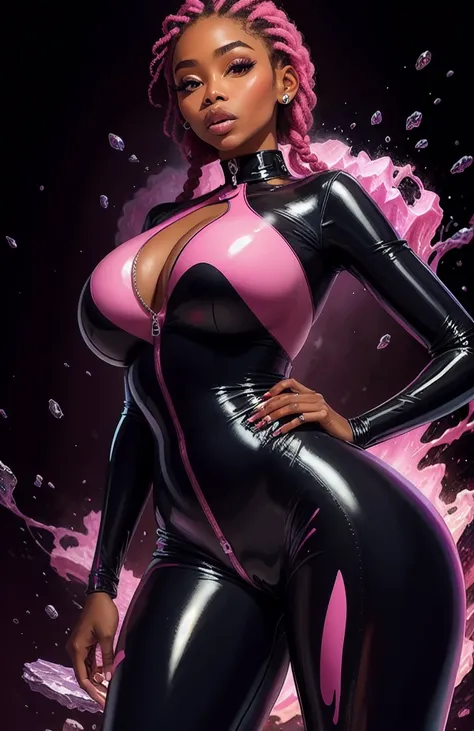 Black woman in latex jumpsuit in black colors, cinza chumbo e rosa. muito brilhante. olhar sedutor, Waist around the neck, pele muito escura, plaits, ultrarrealista, 8k, Super Detalhe, Suffocating slavery, (best quality), Intense angle a pink magma backgro...