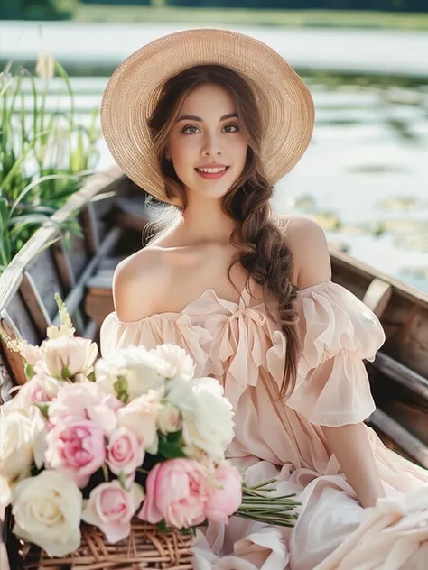 Woman wearing a hat sitting on a boat with a basket of flowers, cute woman, cute woman, photo of a beautiful woman, gorgeous woman, a lovely young woman, Beautiful and smiling, attractive woman, beautiful young woman, with flowers, lovely young woman, in r...