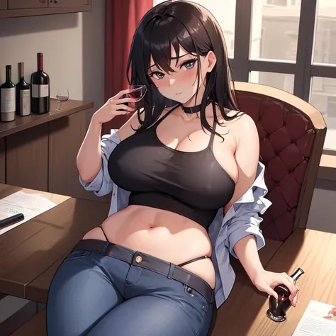 1 woman, sitting on a chair at a table, sexy curvy body, gorgeous, Dark dishevelled hair, languid and sad look, a little drunk, a bottle of wine on the table, holds a wine glass in her hand, (big tits), (waist is flat), wears blue jeans and a very low-cut,...