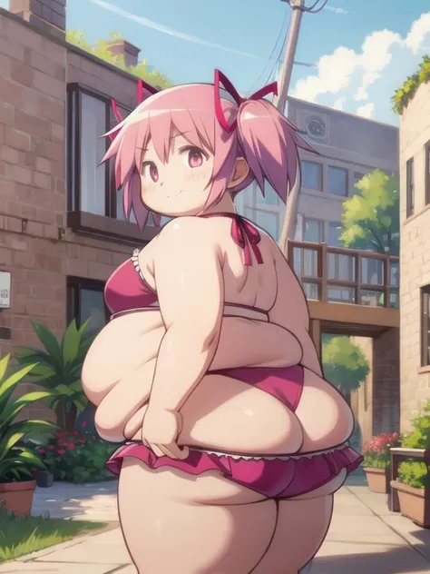 1girl, solo, masterpiece, best quality,
        mahou shoujo madoka magica, obese kaname madoka, fat madoka kaname, pink eyes, pink hair, fat belly, fat arms, thick thighs, big butt, obese , chonky, short hair, twintails, hair ribbon, small breasts, pink b...