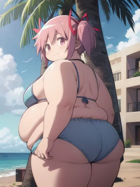 1girl, solo, masterpiece, best quality,
        mahou shoujo madoka magica, obese kaname madoka, fat madoka kaname, pink eyes, pink hair, fat belly, fat arms, thick thighs, big butt, obese , chonky, short hair, twintails, hair ribbon, small breasts, pink b...