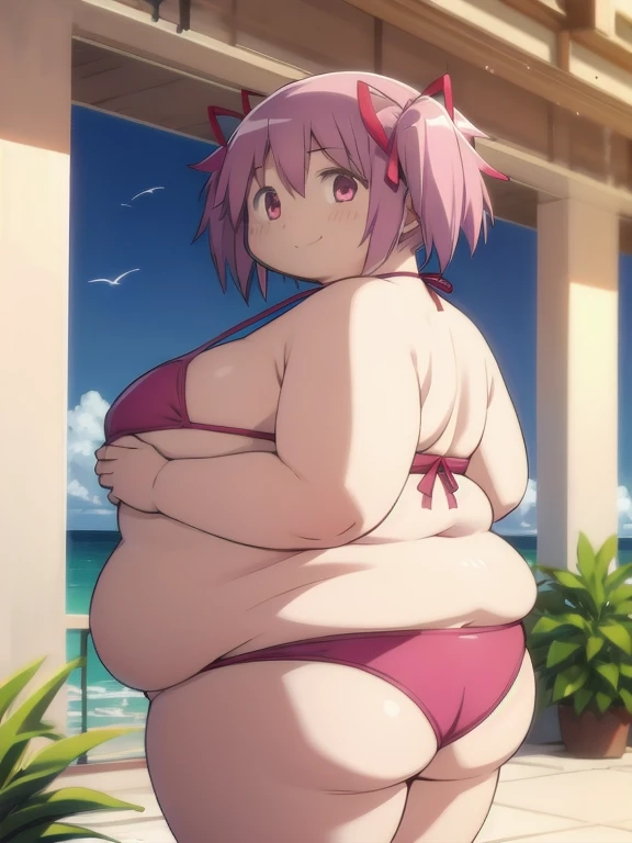 1girl, solo, masterpiece, best quality,
        mahou shoujo madoka magica, obese kaname madoka, fat madoka kaname, pink eyes, pink hair, fat belly, fat arms, thick thighs, big butt, obese , chonky, short hair, twintails, hair ribbon, small breasts, pink b...