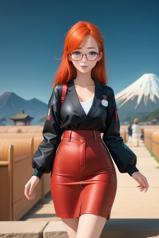 Une femme, 25 ans, cheveux longs, red hairs, rousse, beaucoup de Détails, dans un volcan, japanese  outfit, collant, lunette, nattes, in a library