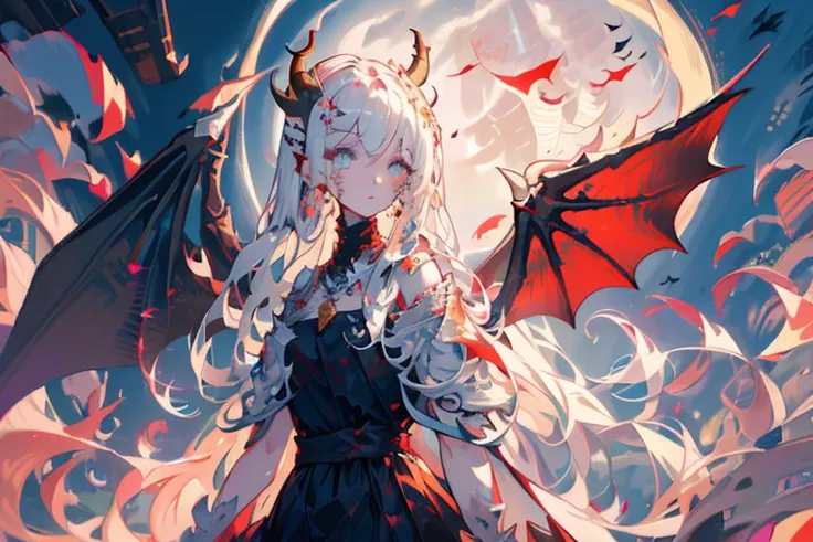 1girl, glowing eyes, wavy hair, demure ornate dress, scales, scales on face, dragon wings, medium chest, dragon horns, under the moon, slender figure, scaled humanoid, dragon eyes, (Intricate details:1.2), (Highly detailed face and eyes:1.2), high sharpnes...