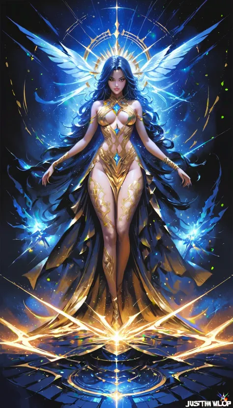 (The Goddess of Sand, snake skinned female human Goddess beautifully decorated like in the movie, Golden Dress, Shiny gold tattoo), (Galactic Shaman with Quantum Energy Fantasy), Fantasy magic, Long Hair, Dark light night, Complex, Ethereal, Sharp focus, f...