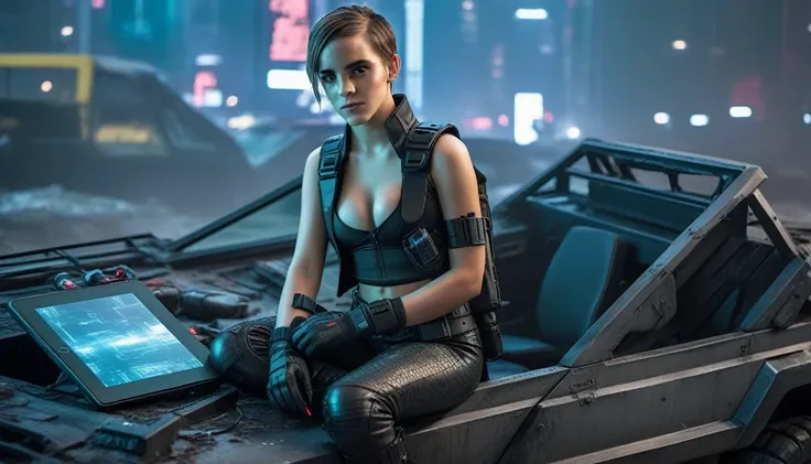 A young female hacker sitting on the hood of a wrecked APC in a cyberpunk metropolis facing the viewer, right arm resting on her waist, left arm held forward holding a transparent smart tablet, short undercut haircut, immaculate skin, scared look on her fa...