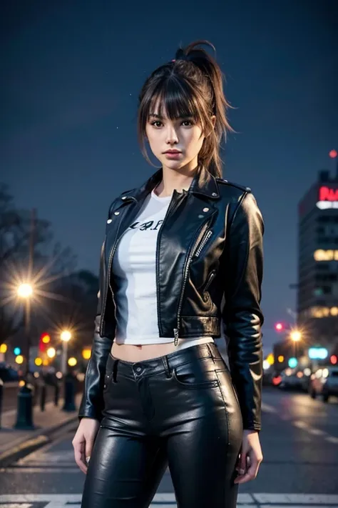 full body Realism, a 22 - year - old girl, dark hair, a ponytail on her head, bangs falling on her face, beautiful hairstyle, light makeup, dressed in a leather jacket, tight leather pants, beautiful shoes on her feet, evening city street in the background...