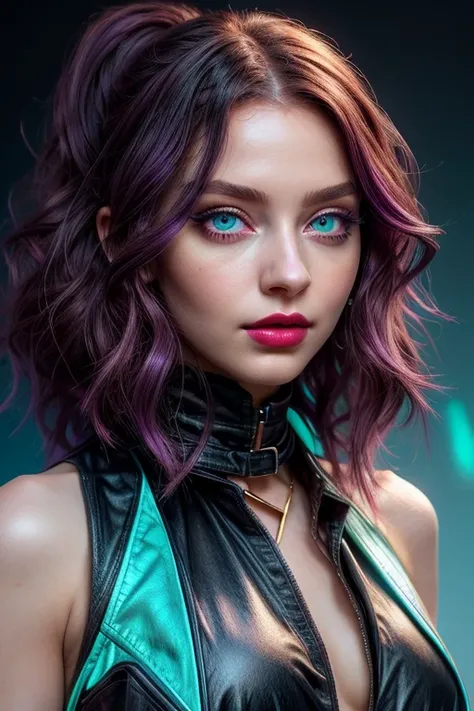 beautiful young girl with wavy purple hair, (((waist-high body view))), black necklace around the neck, ((light bright turquoise eyes)), Artgerm, Стэнли Artgerm Лау, a digital painting of an, digital art, (((without outerwear))), ((((I look at the viewer))...