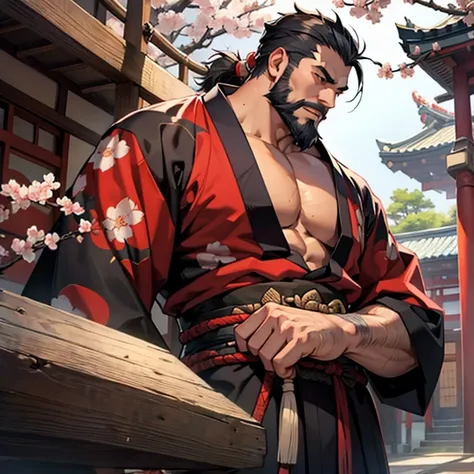 Samurai, kimono, muscle, man bud, sword, japanese, sakura, elderly, beard,