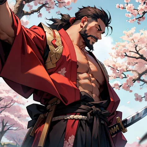 Samurai, kimono, muscle, man bud, sword, japanese, sakura, elderly, beard,