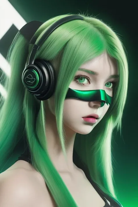 (girl with long green hair, green eyes, futuristic vibes, mouth mask, headphones, 8k, high quality, simple background, bright eyes, good pose), vivid colors, digital art, neon lighting.