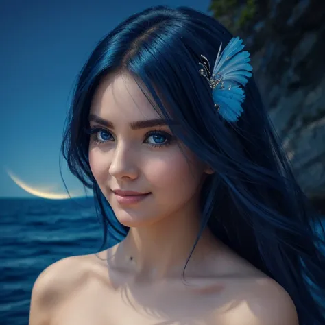 a stunning young girl with raven-black hair, cascading in silky waves, steals the spotlight. Her hair, like the feathers of a raven, glistens with a hint of midnight blue under the soft glow of moonlight. Her face, adorned with delicate features, exudes an...