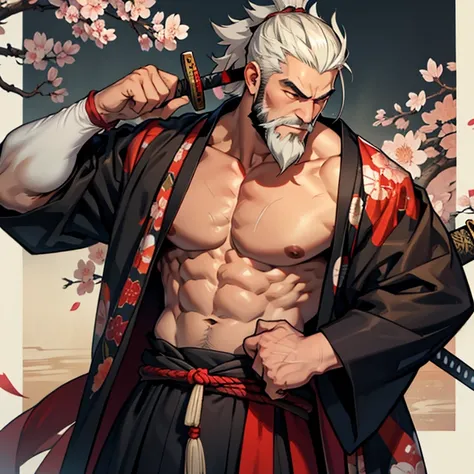 Samurai, kimono, muscle, man bud, sword, japanese, sakura, elderly, beard, shogun, topless,