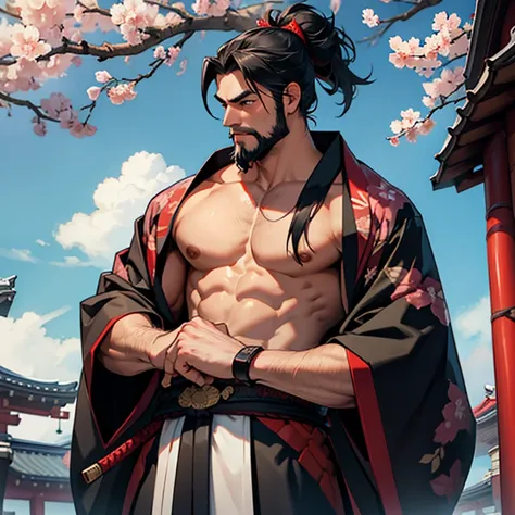 Samurai, kimono, muscle, sword, japanese, sakura, beard, shogun, topless,