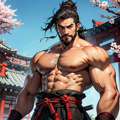 Samurai, muscle, sword, japanese, sakura, beard, shogun, topless,